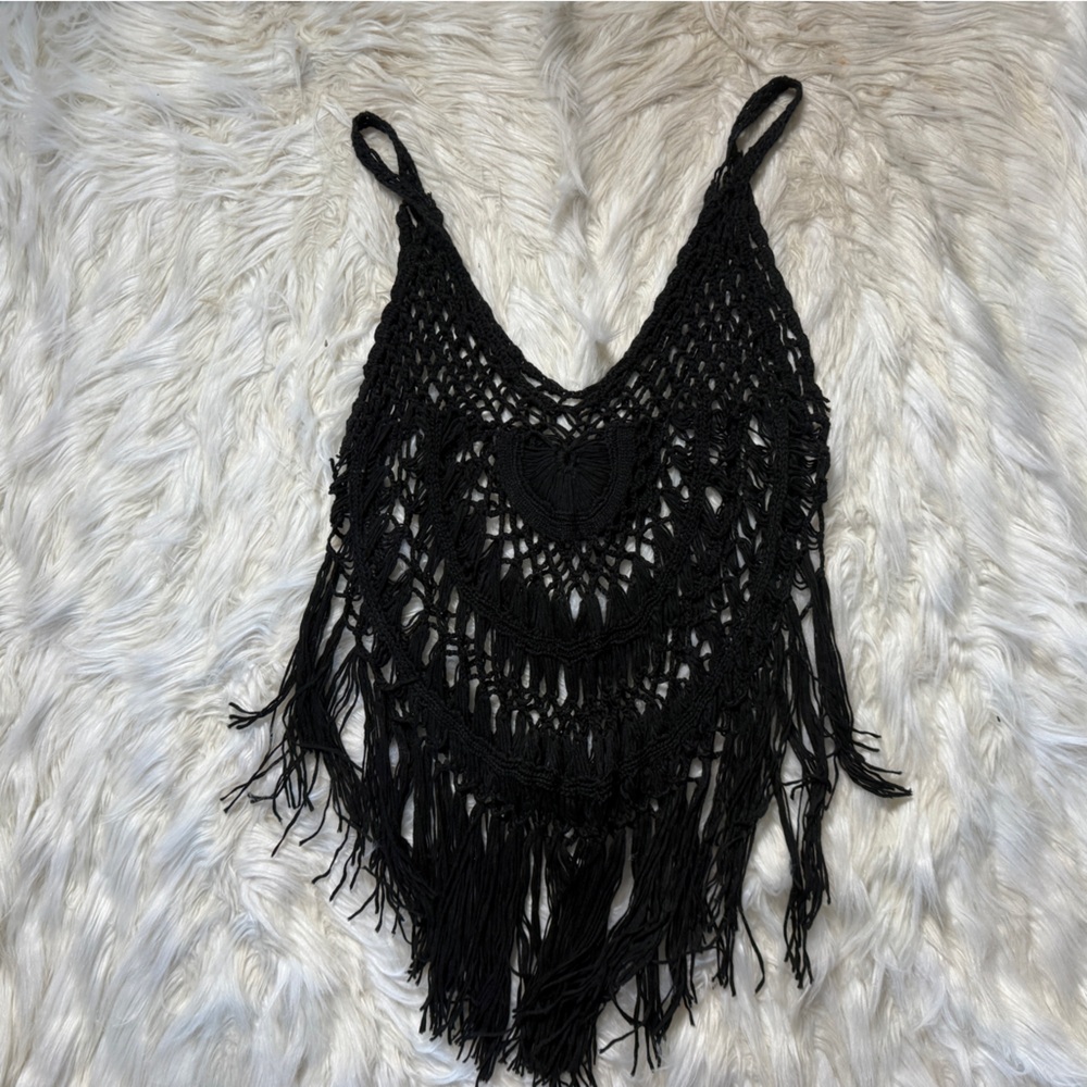 Black Crochet Fringe Top Swimwear cover up